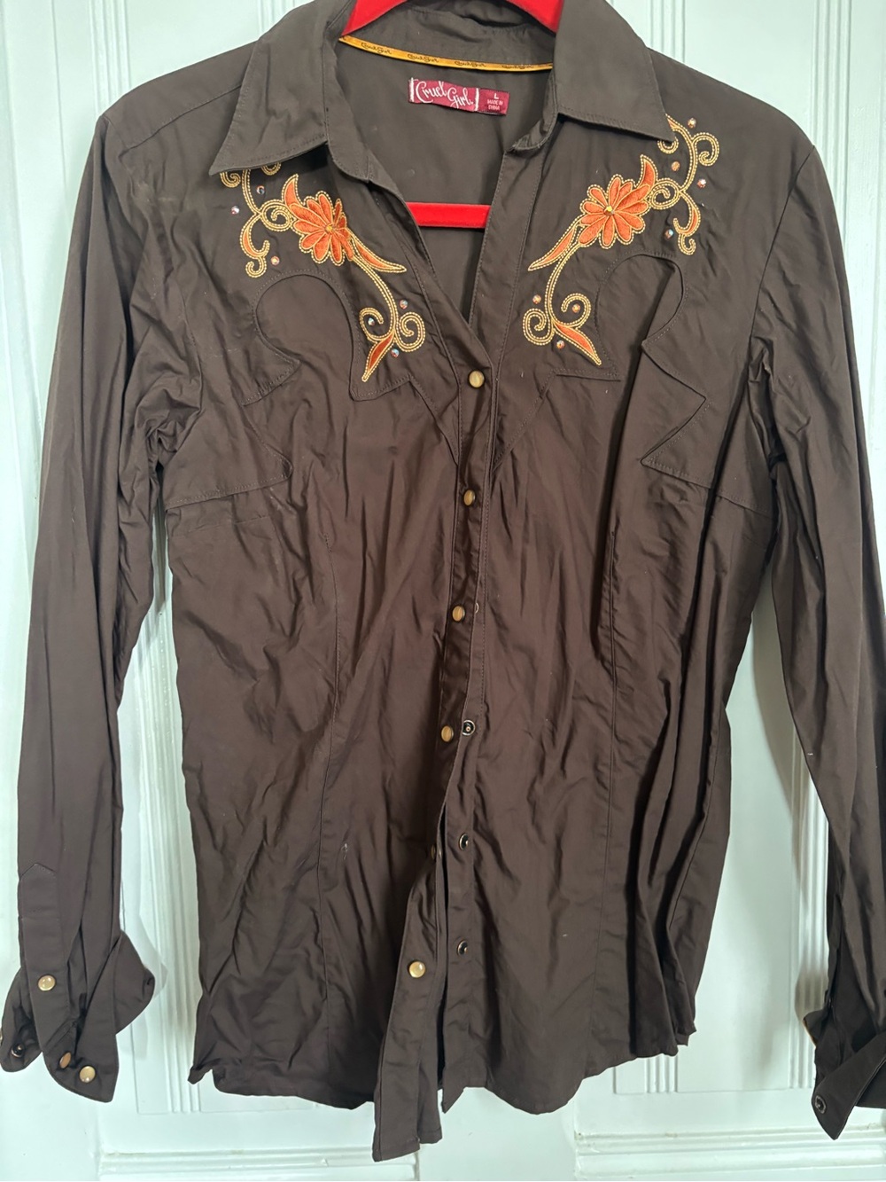 Cruel Girl Brown Shirt with orange Trim and Gold Piping